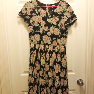 ModCloth L De Collection Black Dress With Pink Flowers and Pleated Skirt